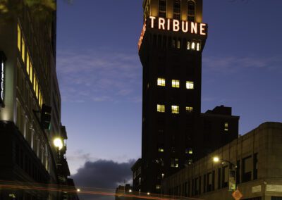 Light trails in front of the Tribune building in downtown Oakland
