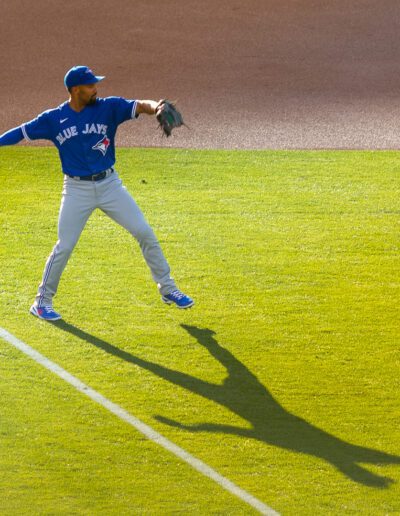 Marcus Semien of the Toronto Blue Jauys warms up before a game at the Oakland Coliseum against the Oakland A's
