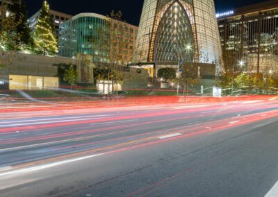 Light trails as cars pass a church near Lake Merritt in Oakland, CA