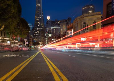 Light trails approaching the Transamerica Pyramid in San Francisco