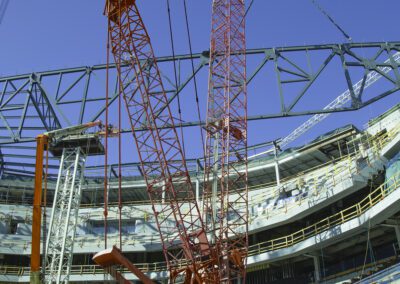 Cranes work at Chase Center in San Francisco, California