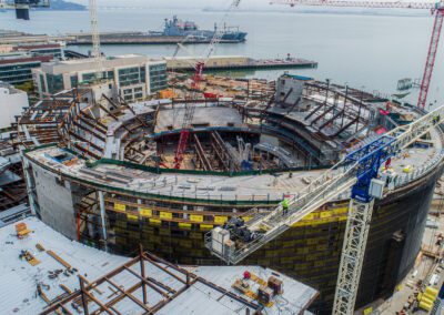 Cranes work at Chase Center in San Francisco, California