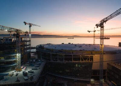 Cranes work at Chase Center in San Francisco, California
