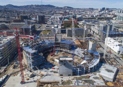 Cranes work at Chase Center in San Francisco, California
