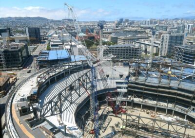 Cranes work at Chase Center in San Francisco, California